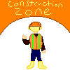 Pixel art gif of a lemon-headed man with a construction hat and vest under a blinking sign labelled construction zone.